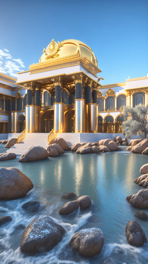 Golden-domed palace with ornate columns near tranquil water under clear sky