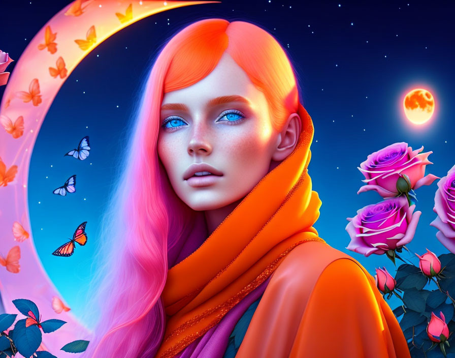 Vibrant digital artwork of a woman with orange hair and blue eyes in a moonlit scene