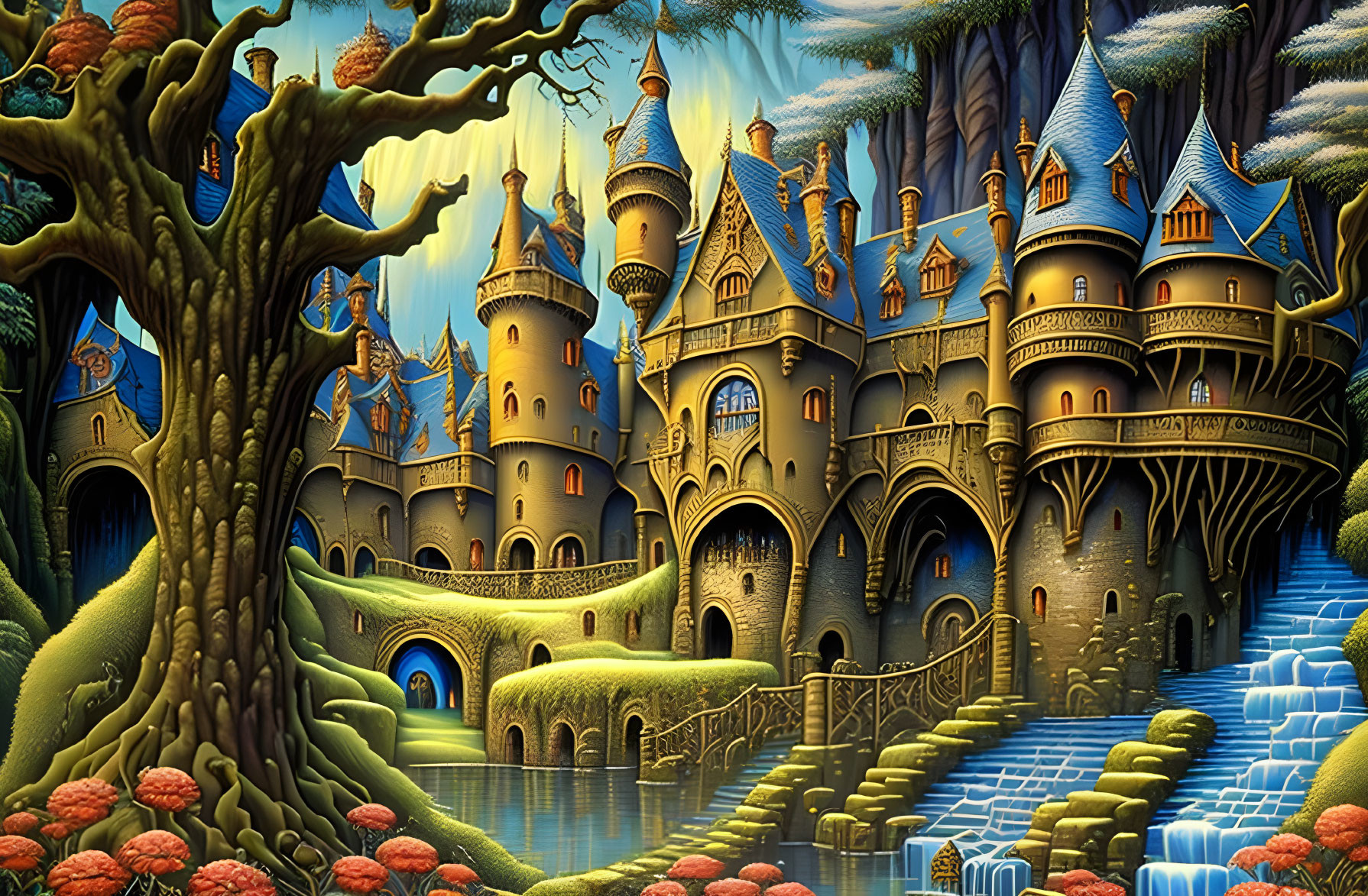 Enchanted forest castle with towers, vibrant foliage, tree, cobblestone path