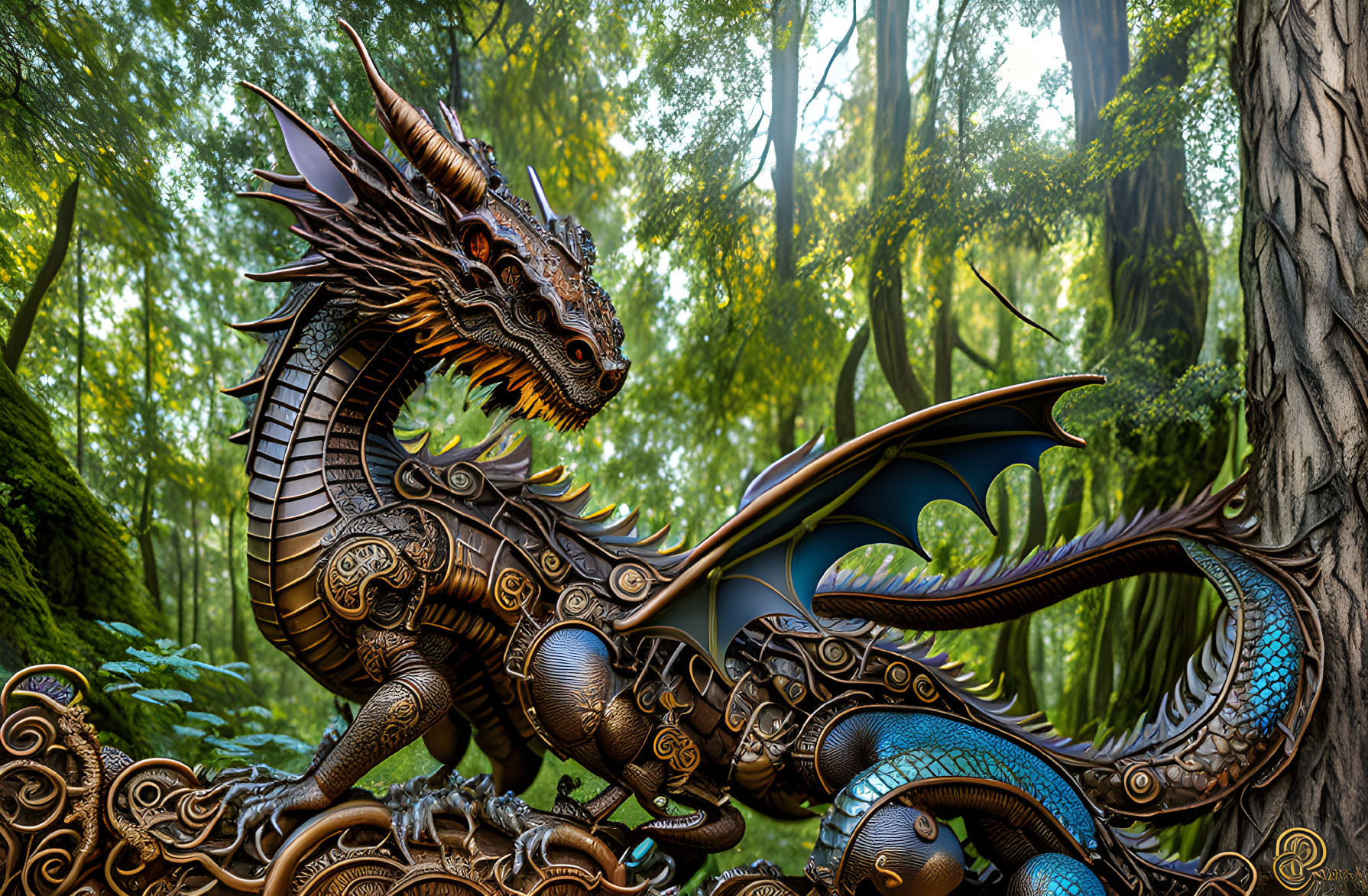 Mechanical dragon with bronze and blue scales in lush forest setting