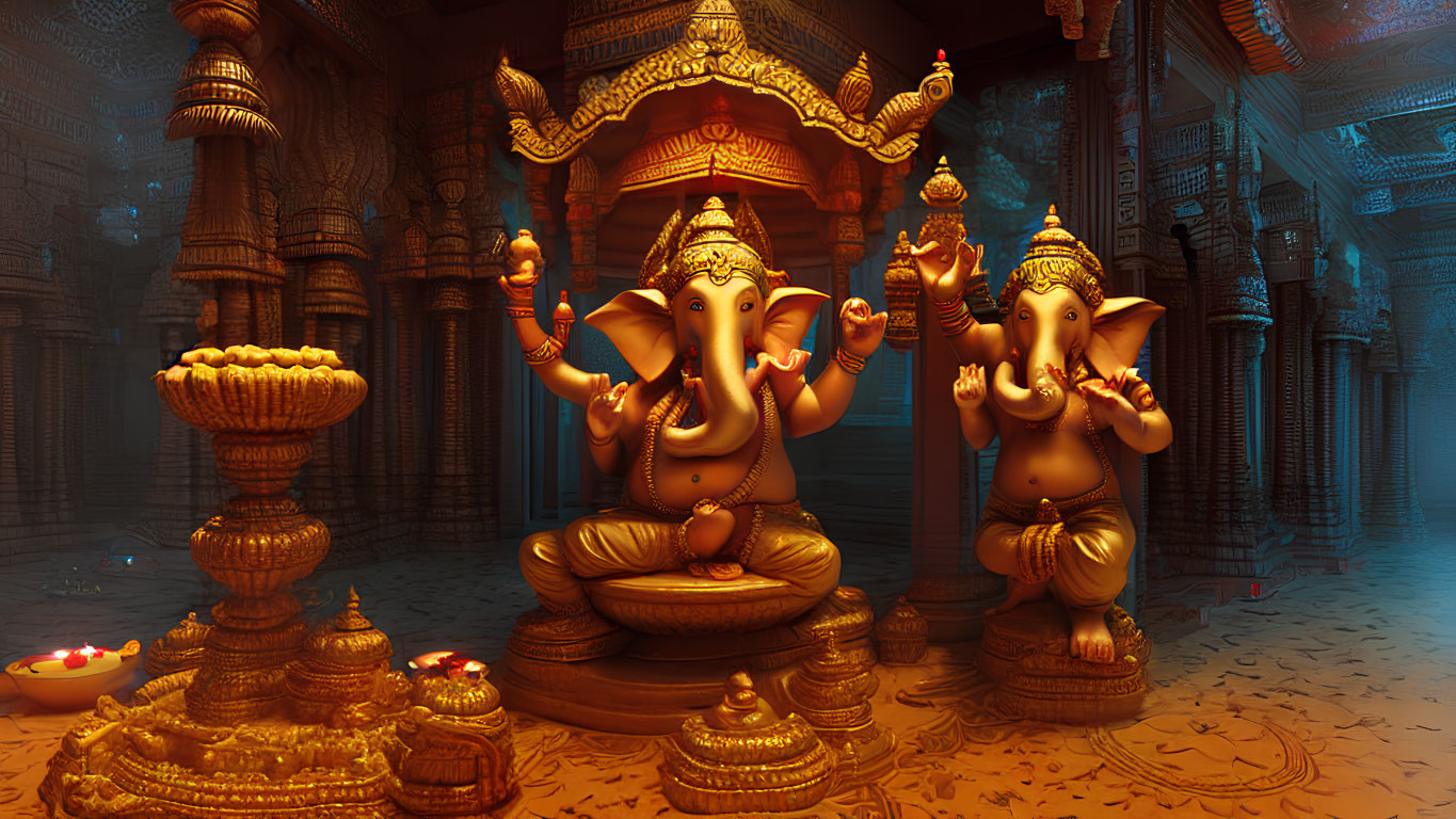 Intricate Hindu temple with golden Ganesha statues