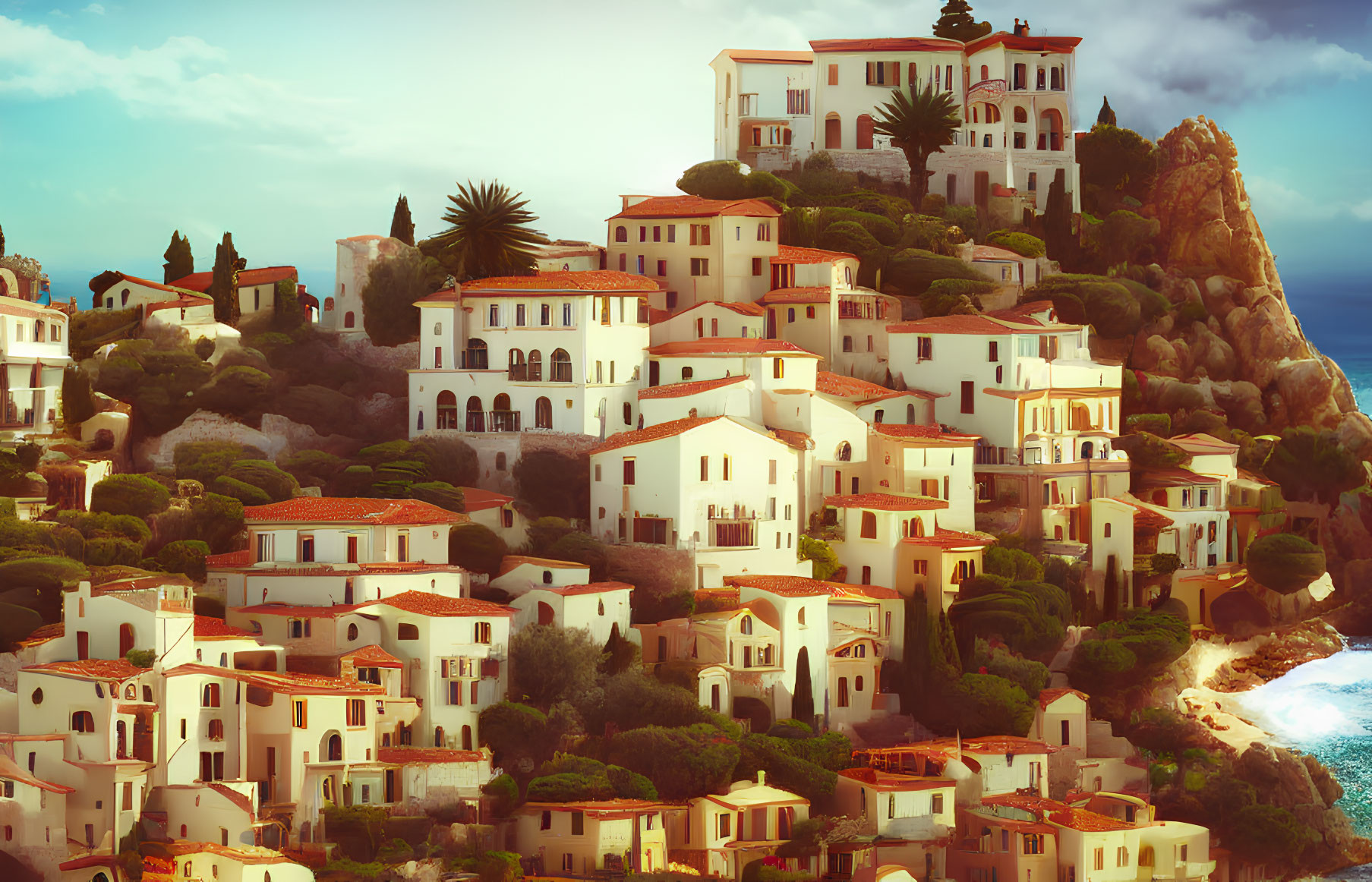 Scenic coastal village: white houses, terracotta roofs, hillside by the sea
