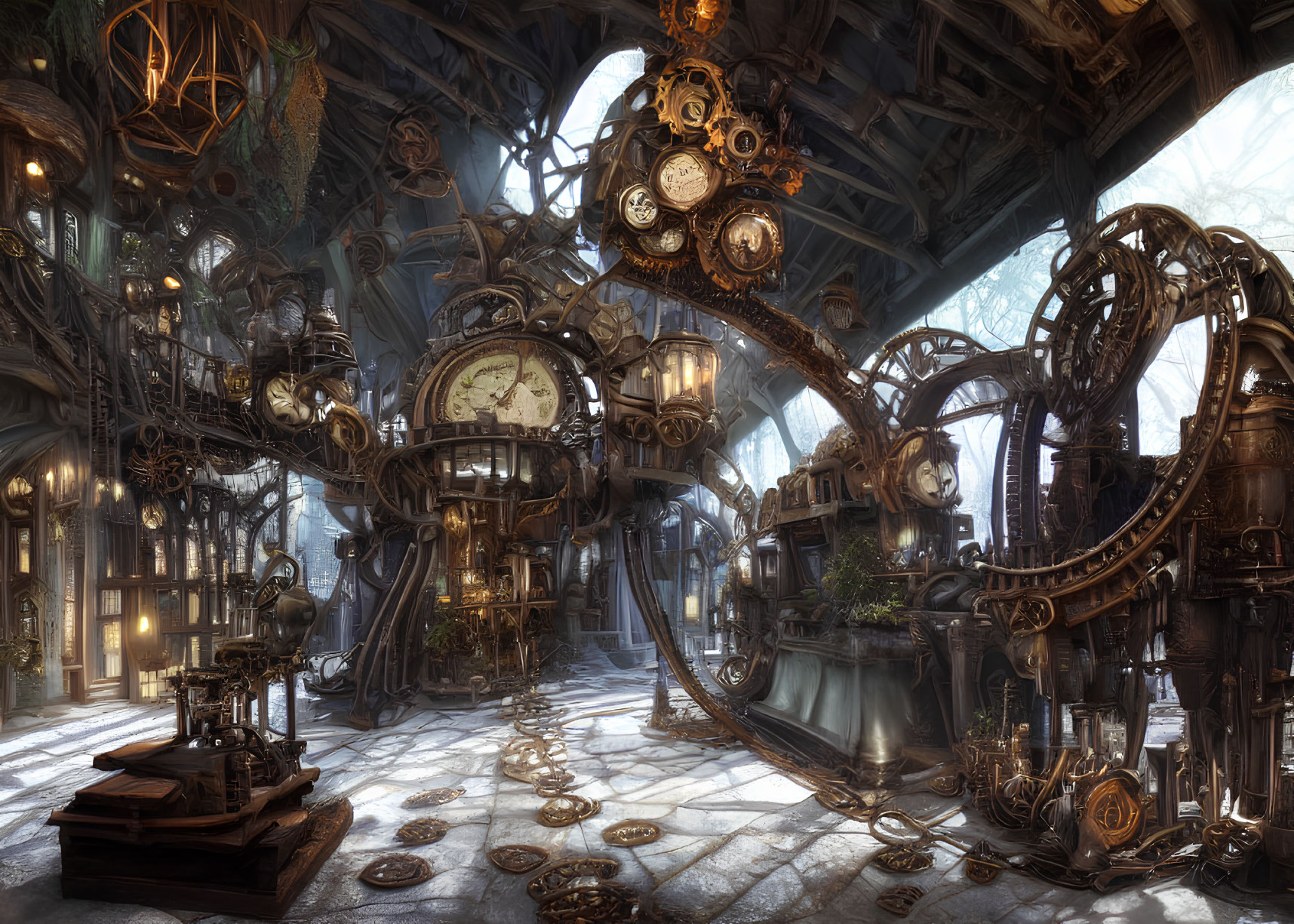 Steampunk interior with brass gears, clocks, and mechanical devices under a vaulted ceiling