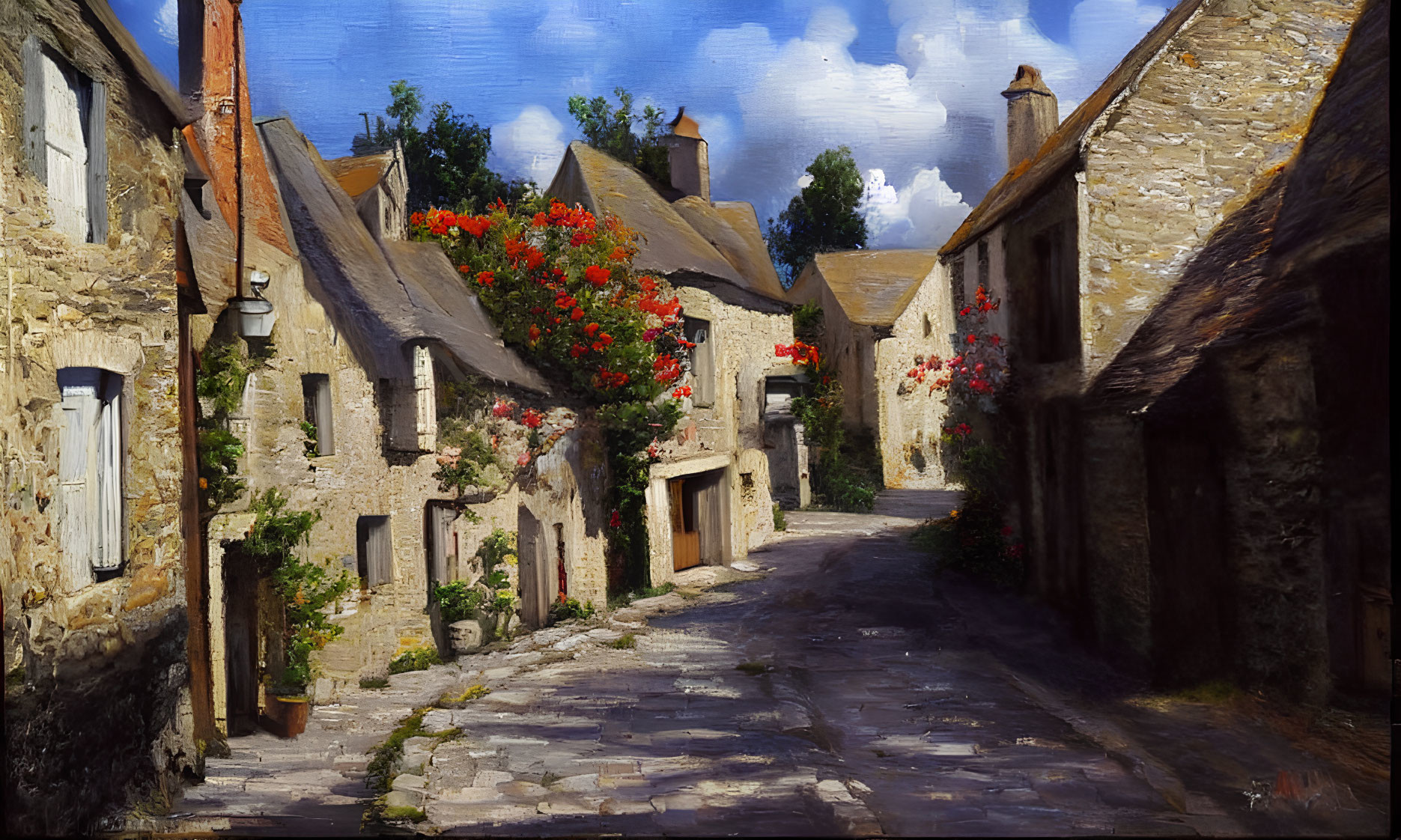 Quaint cobblestone alley with red flowers and stone houses under blue sky
