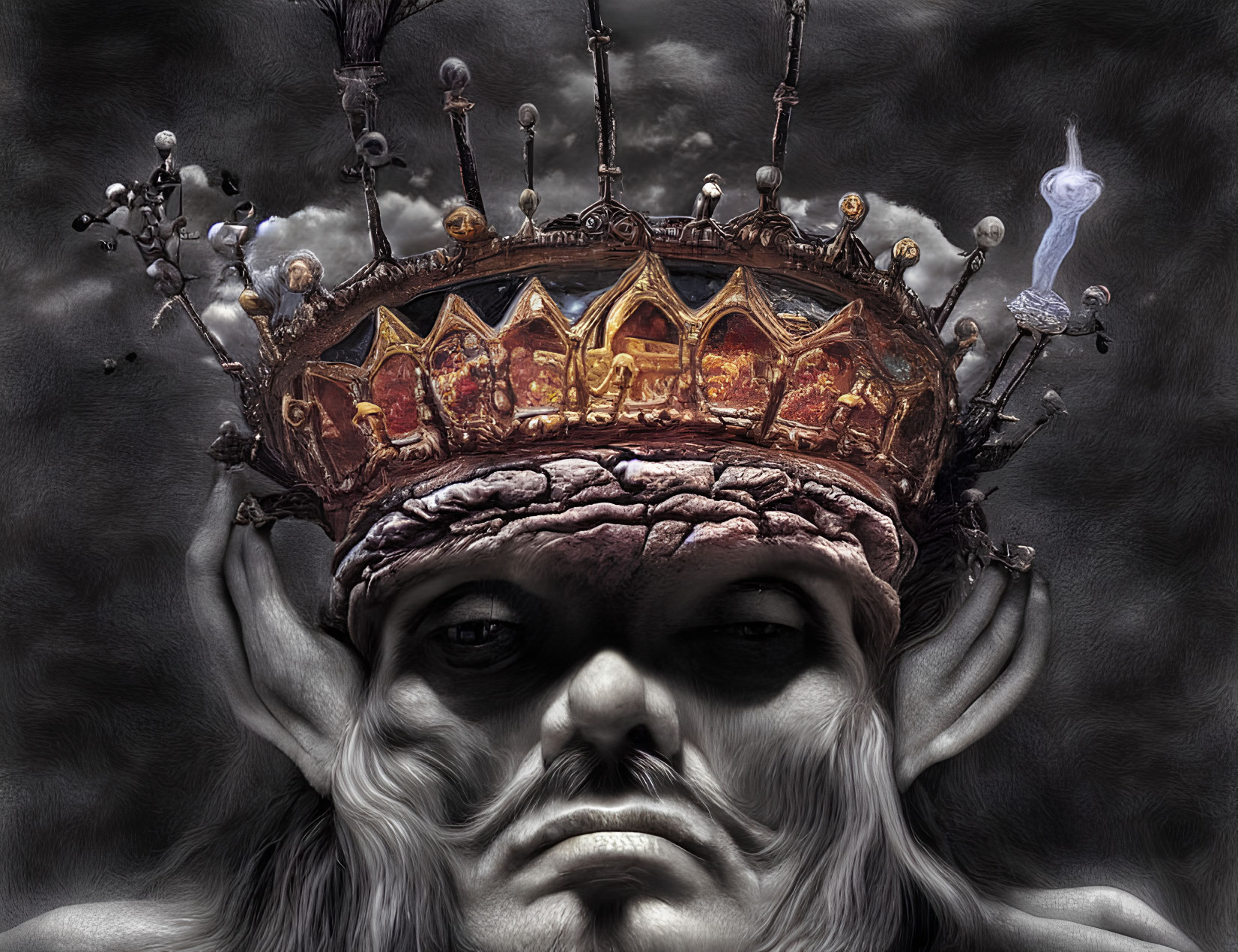 Surreal portrait featuring ornate crown with skulls and glowing elements above intense eyes.