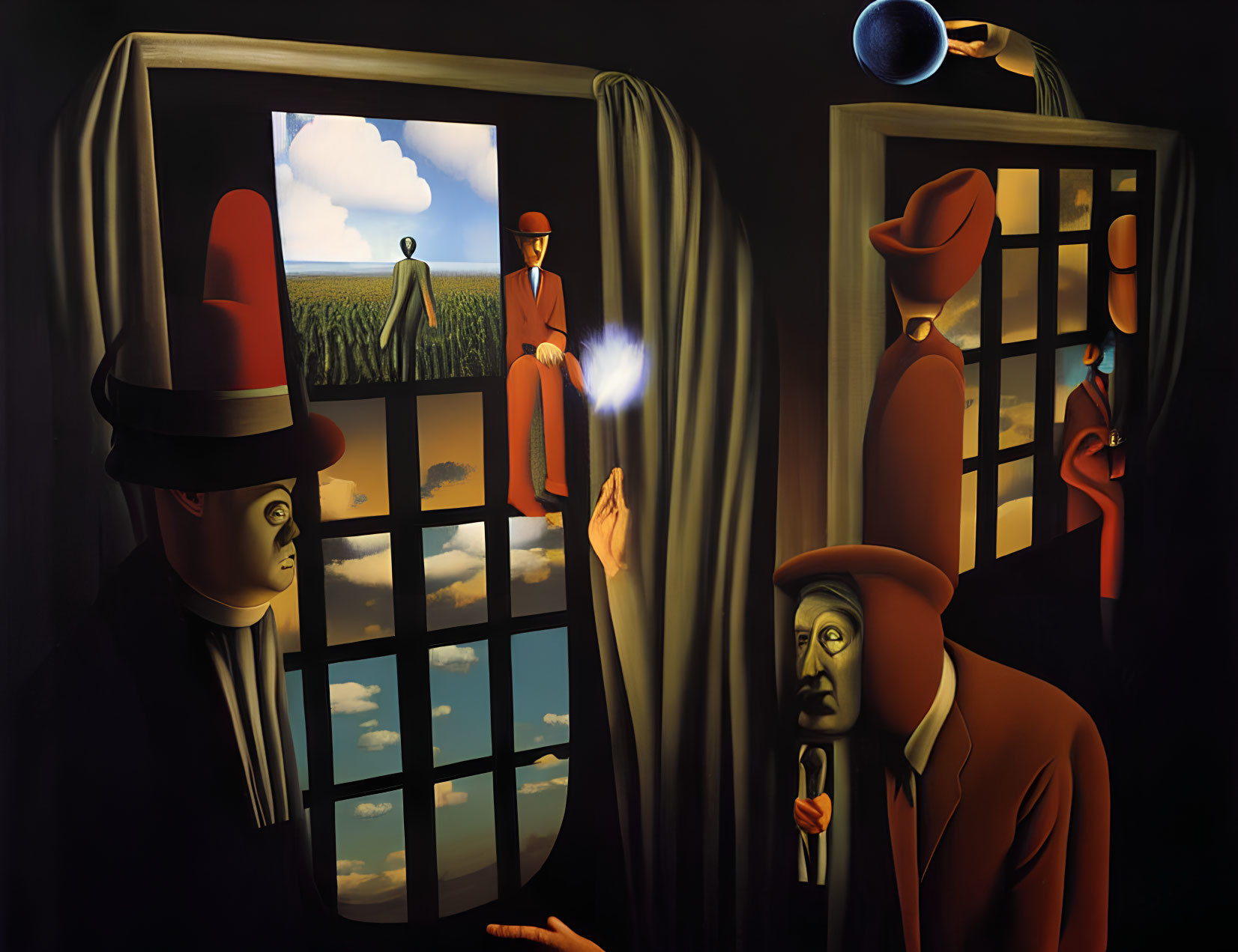 Surrealist painting with men in bowler hats and dream-like scenes