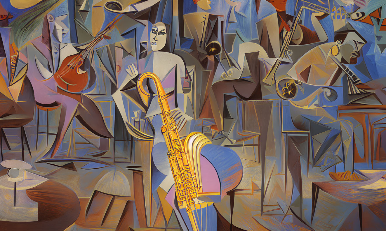Colorful Cubist Painting of Musicians with Guitar and Saxophone