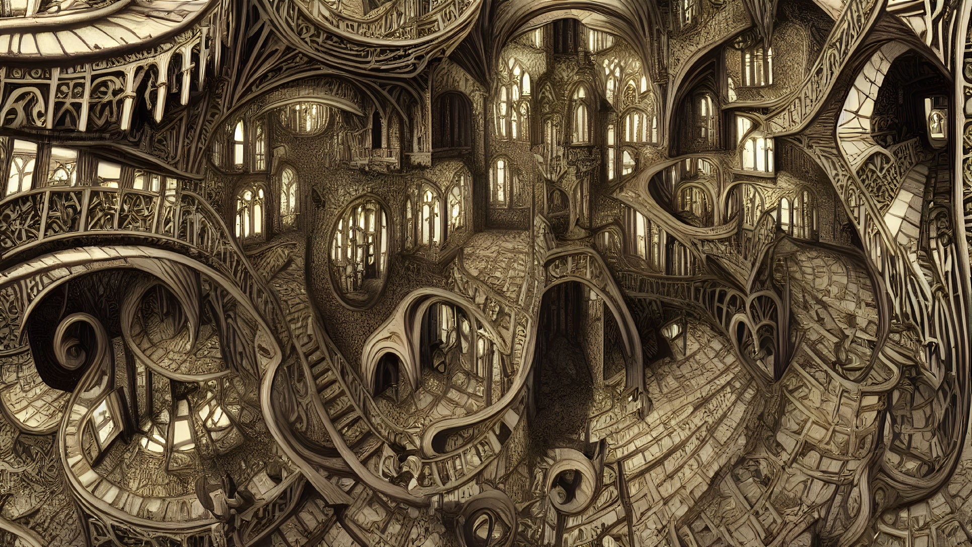 Detailed surreal architectural illustration with winding staircases and arches in sepia tone