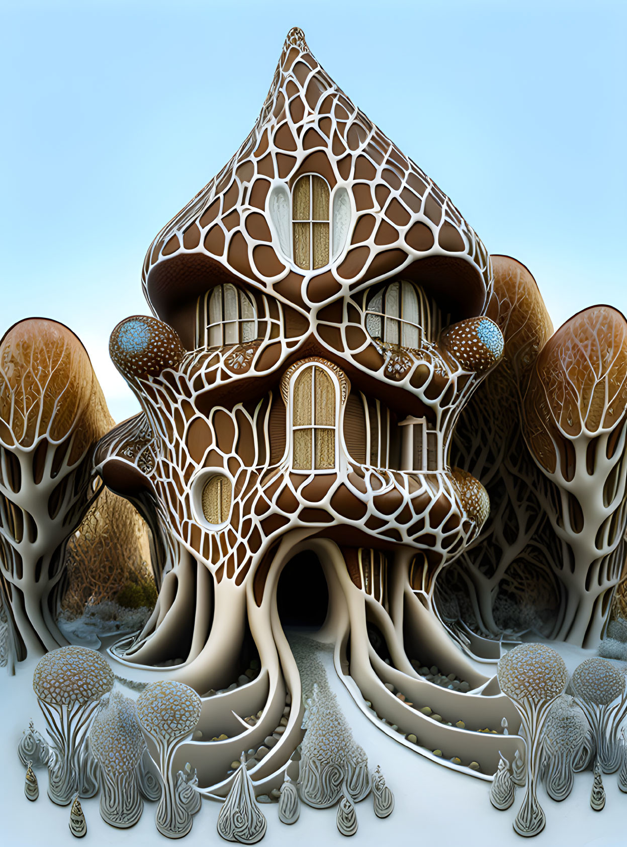 Organic Mushroom House Surrounded by Stylized Trees