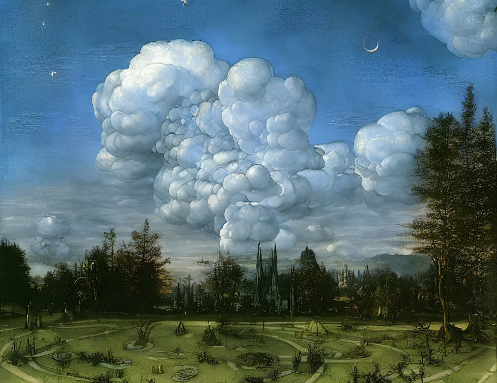 Surreal landscape painting with billowing clouds and detailed garden paths