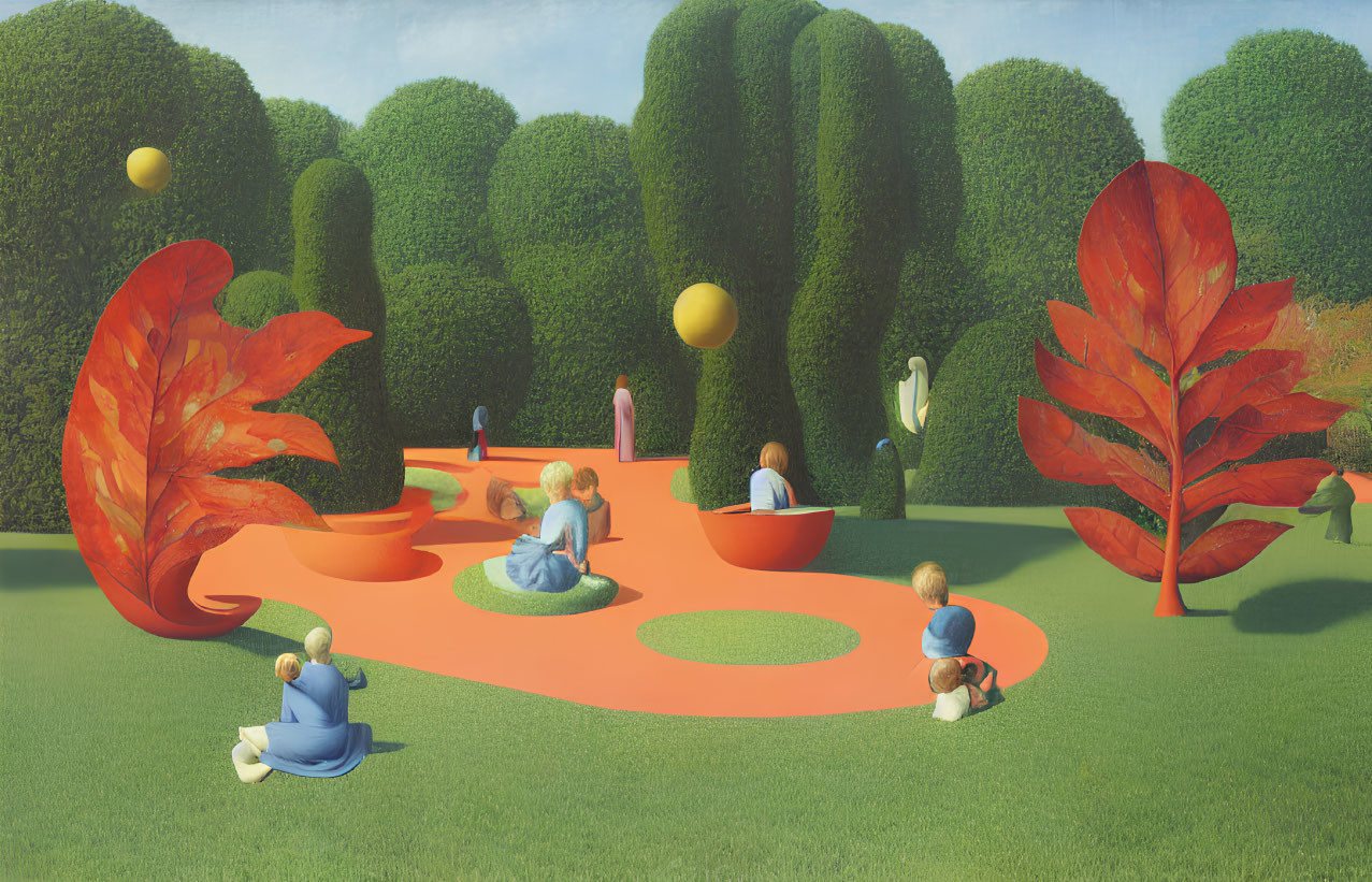 Surreal artwork featuring oversized orange leaves, people in leaf bowls, yellow balloons, and topi