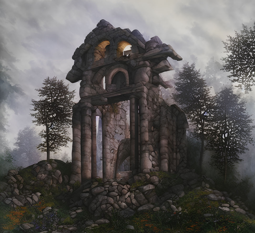 Ancient stone ruin with arched windows in foggy forest clearing