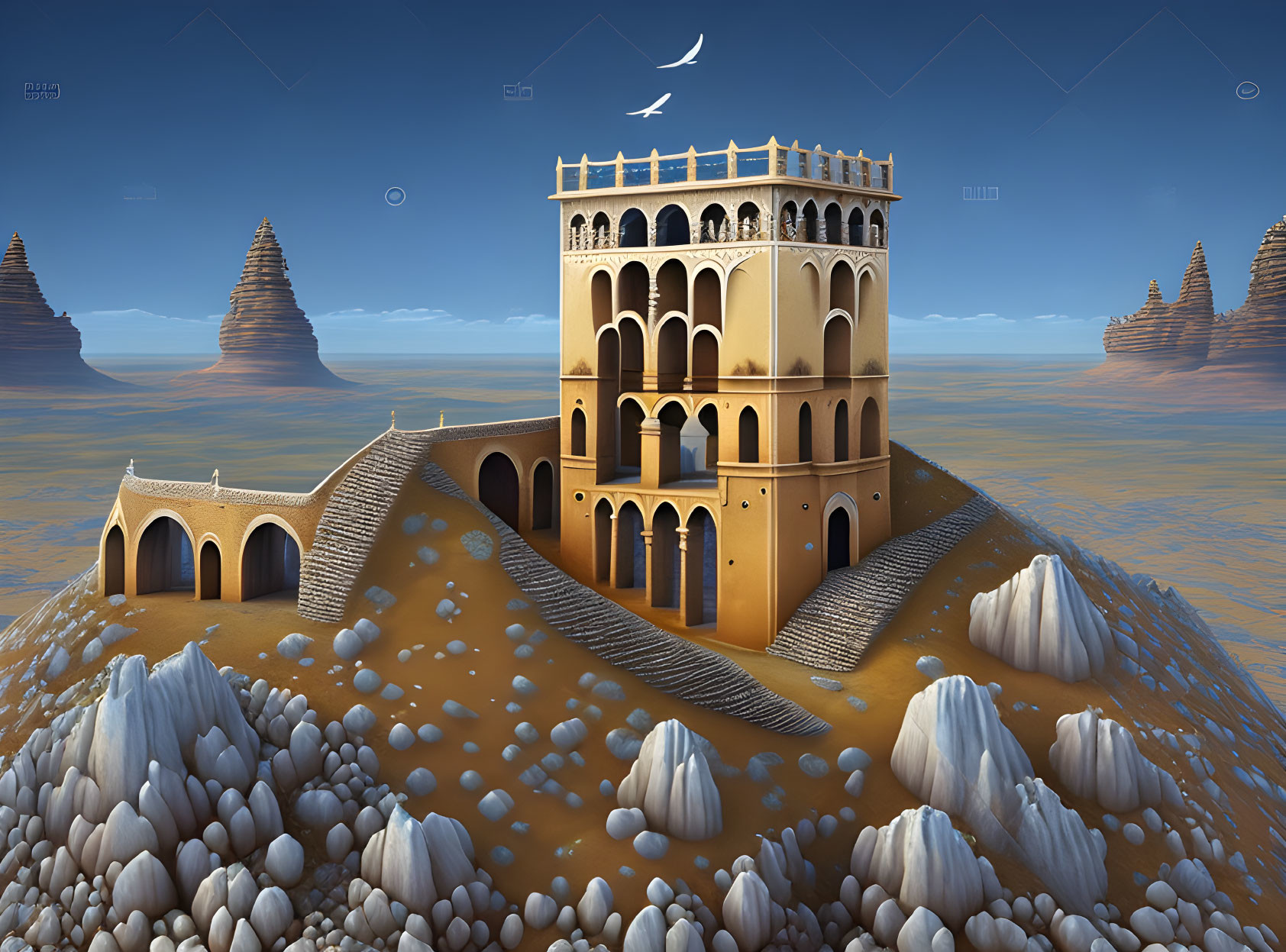 Surreal illustration of multi-tiered tower on sandy mound with arches and rock formations under twilight
