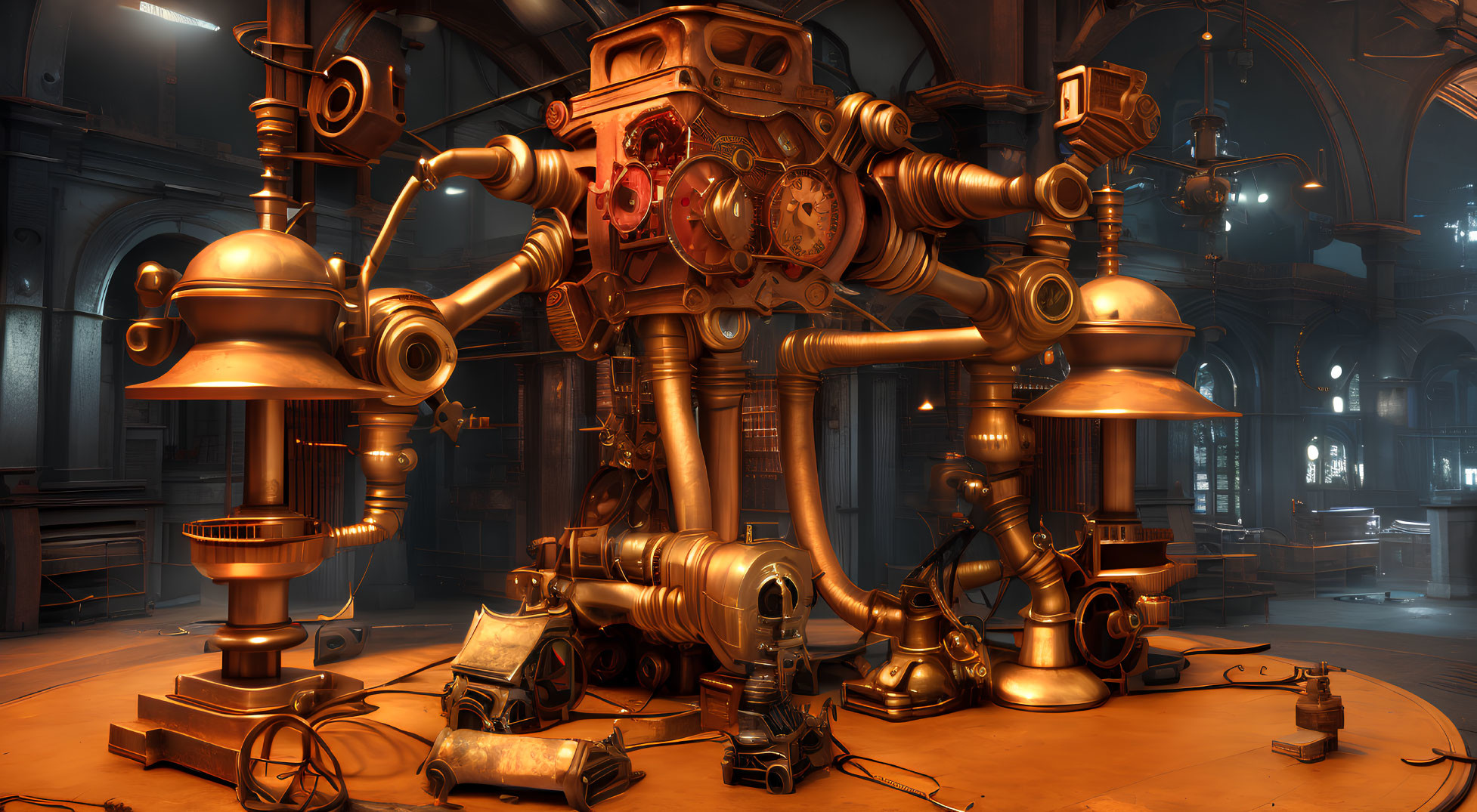 Detailed Steampunk-Style Laboratory with Mechanical Apparatus