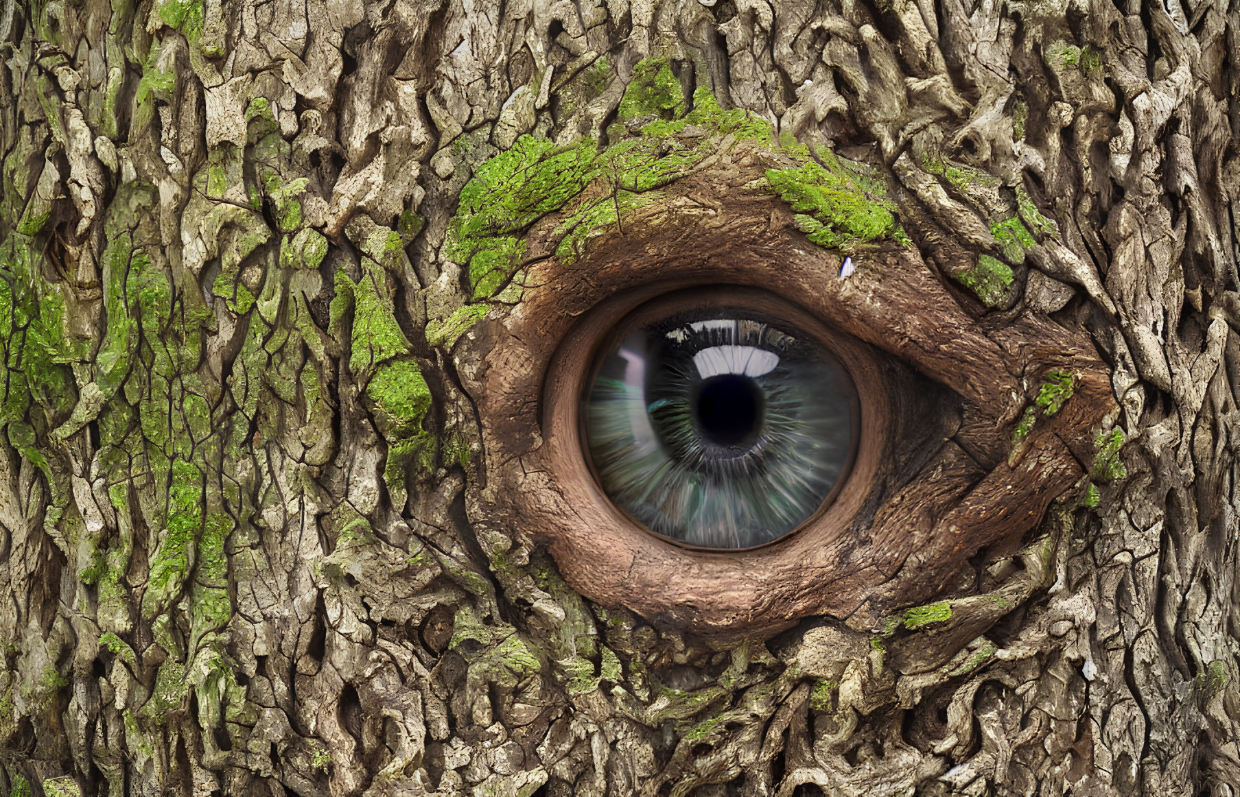Detailed human eye in rugged tree bark symbolizing nature observation.