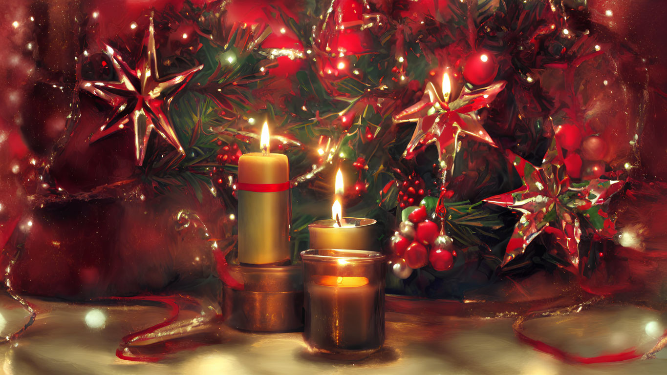 Festive Christmas Scene with Candles, Berries, Lights, Stars