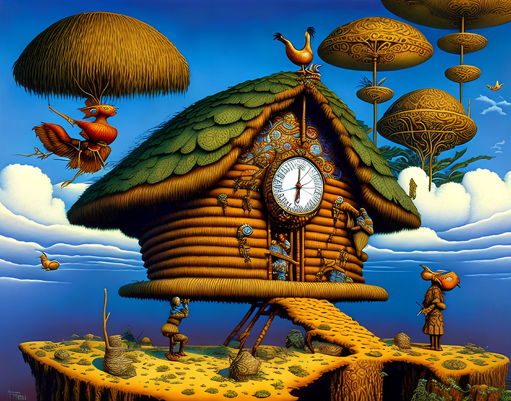Surreal painting: clock-faced house, peacocks, anthropomorphic birds, floating islands