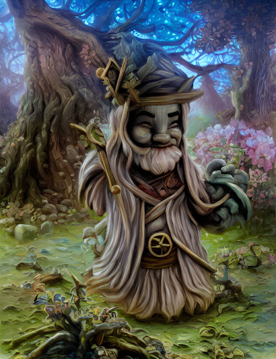 Elderly wizard with long beard in enchanted forest with vibrant flowers