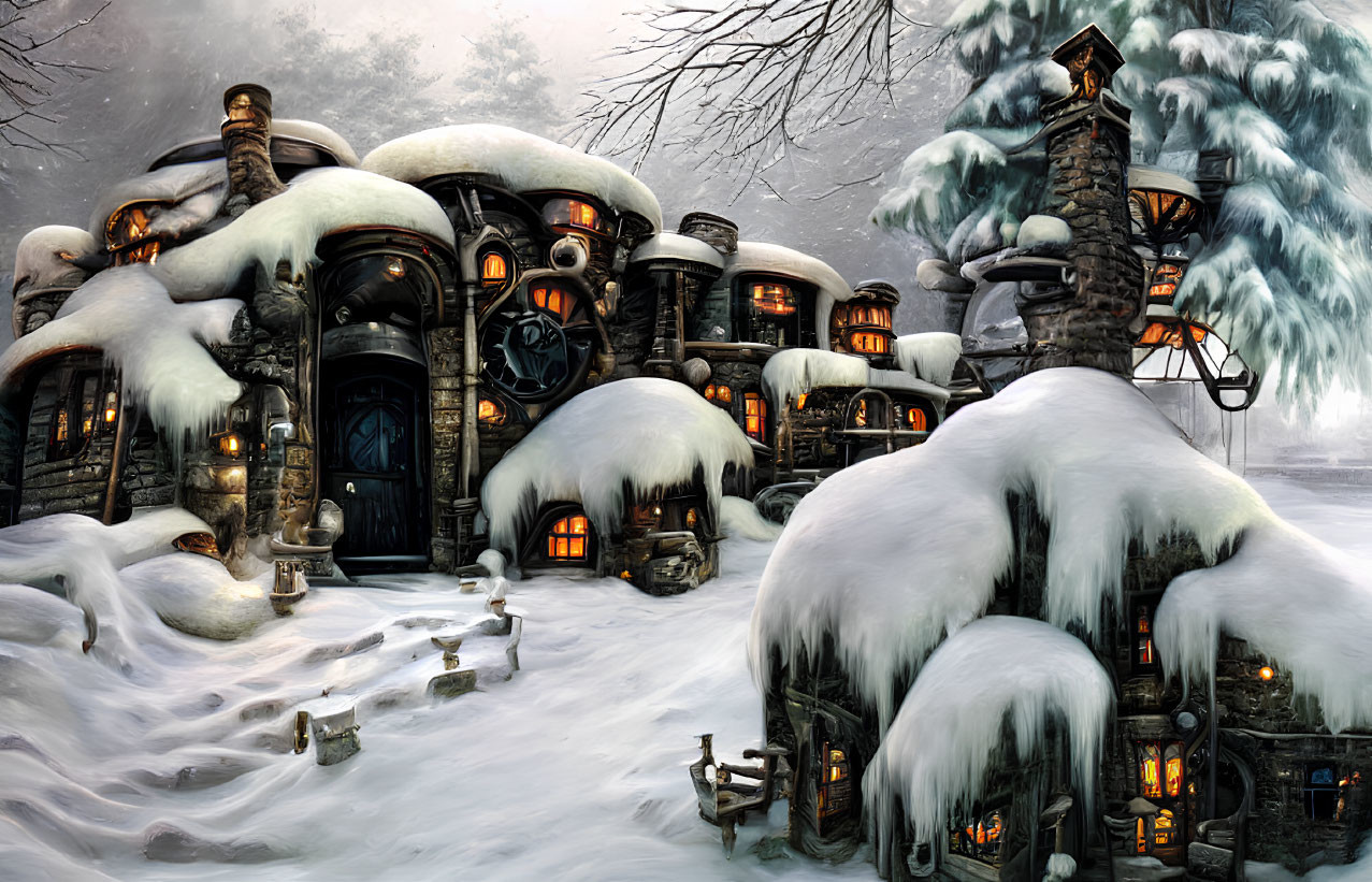 Snow-covered fantasy cottages nestled among frosted trees in a tranquil winter landscape