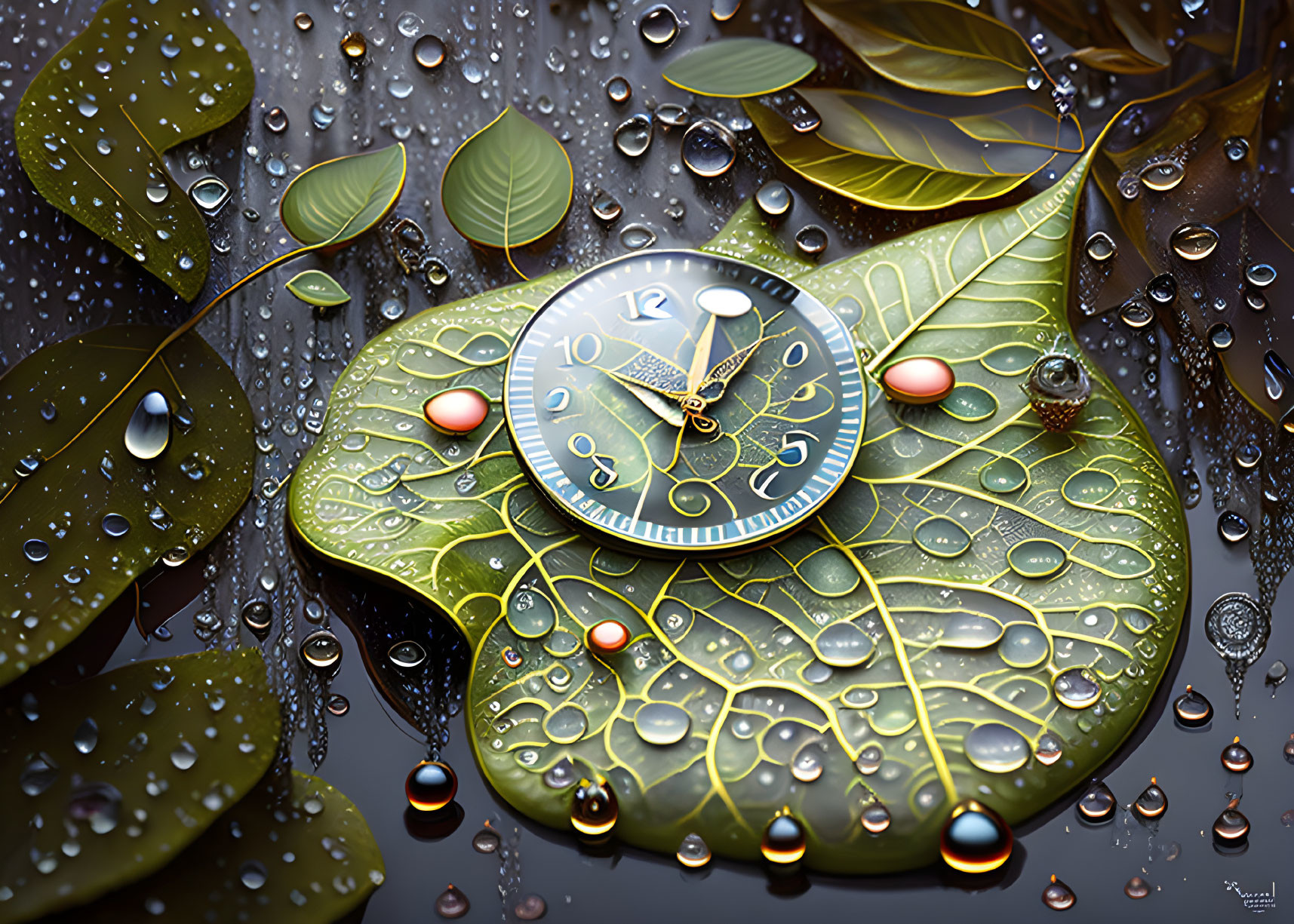 Intricately designed wristwatch on leaf with water droplets and golden reflections.