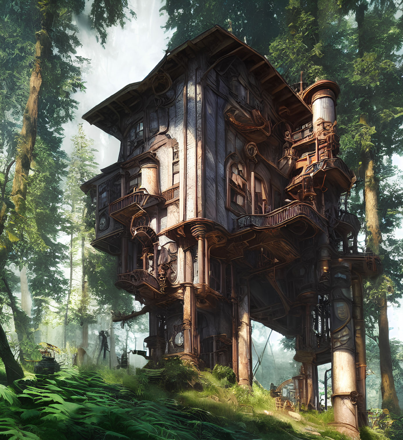 Elaborate multi-story treehouse in lush forest