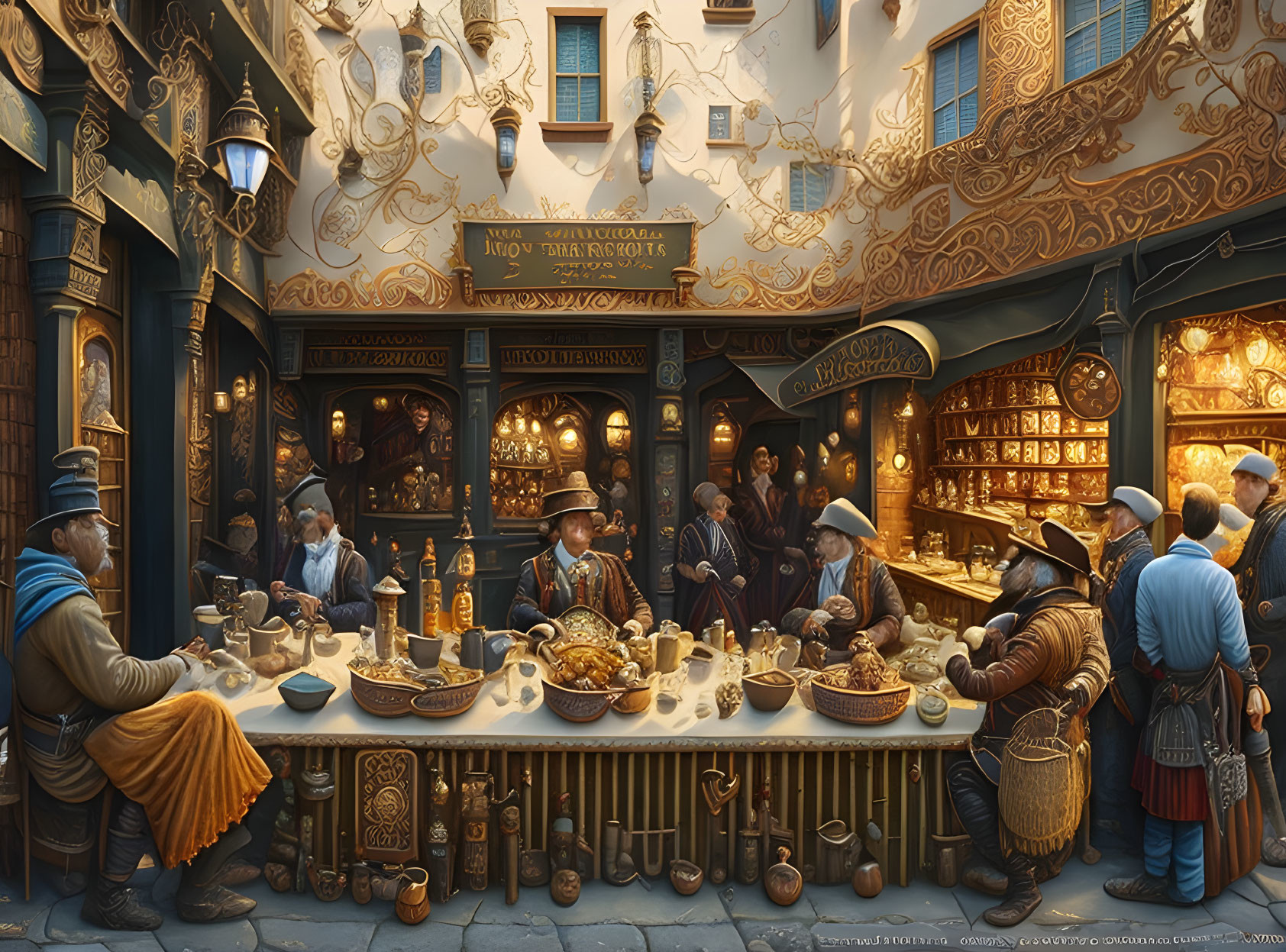 Detailed Old-Time Marketplace Scene with Vendors, Customers, and Abundance of Goods