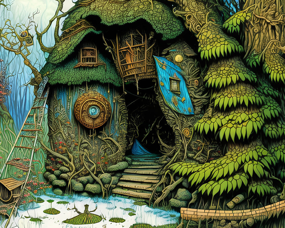 Fantasy treehouse in lush forest with whimsical designs