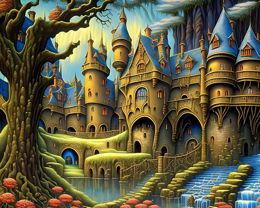 Enchanted forest castle with towers, vibrant foliage, tree, cobblestone path