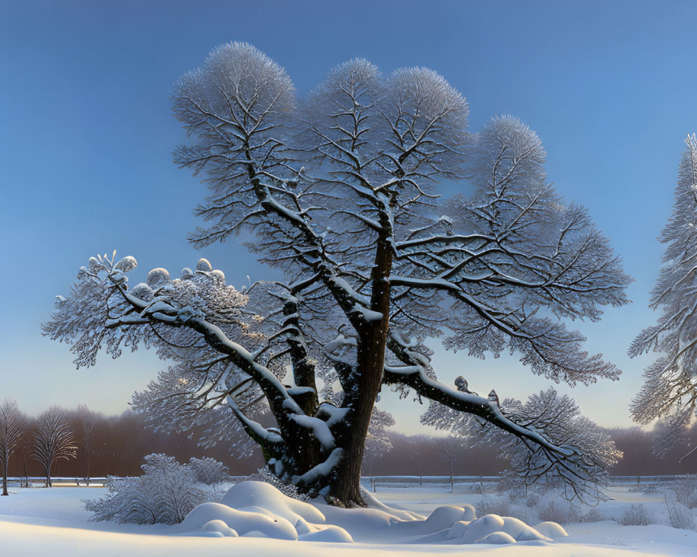 Snow-covered trees in serene winter landscape at sunrise or sunset