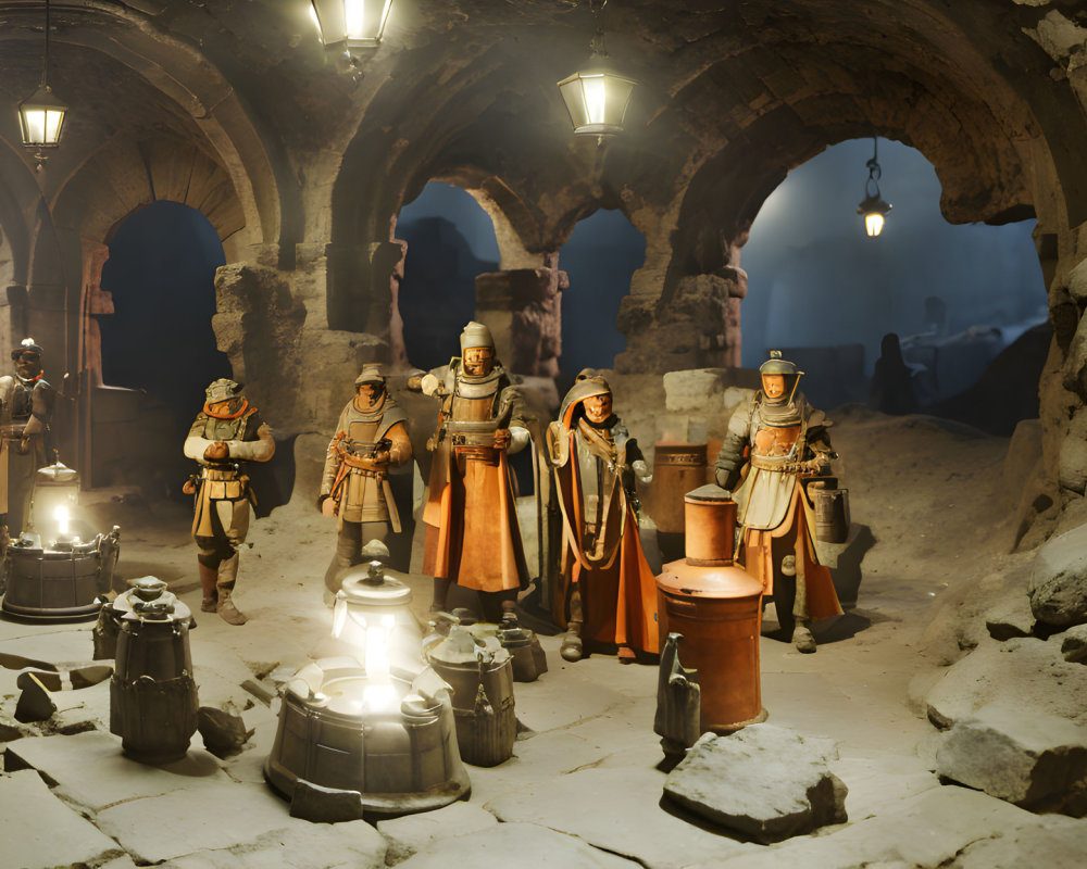 Medieval knights and soldiers in foggy, candle-lit chamber