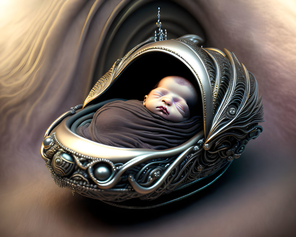 Serene baby sleeping in futuristic metallic pod with ornate patterns