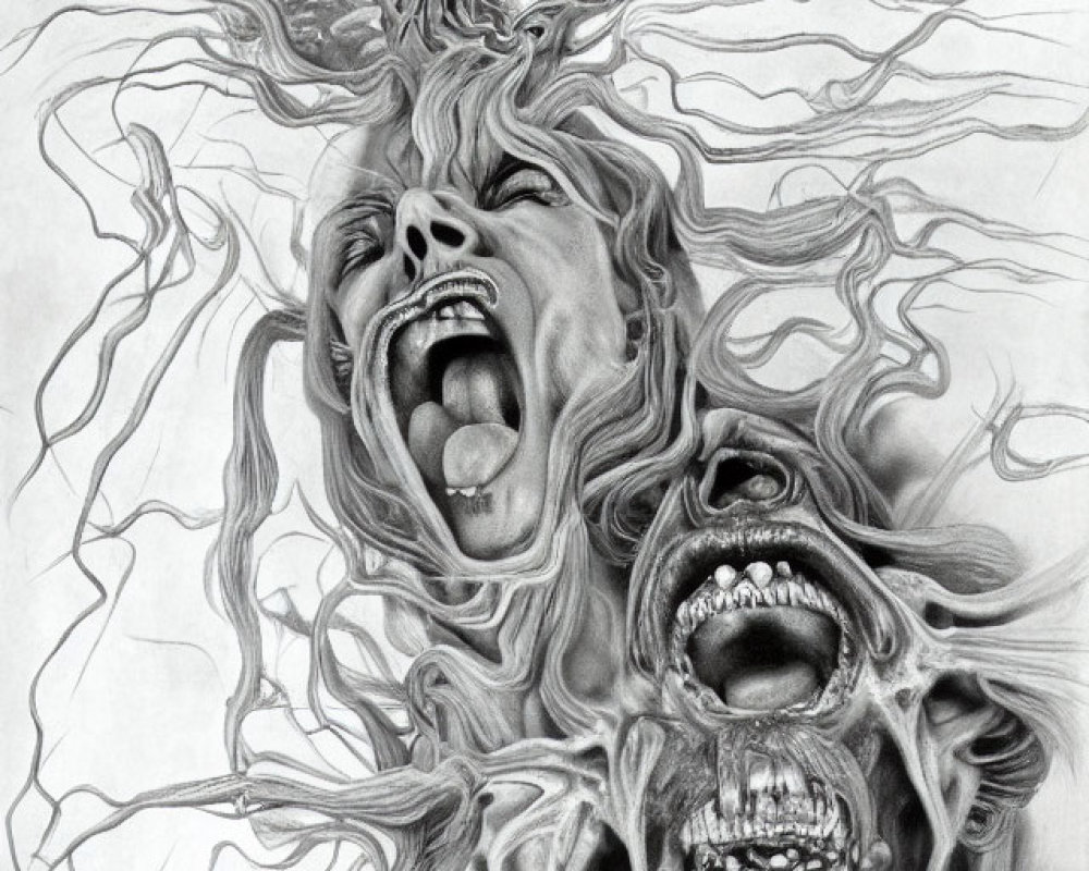 Distorted screaming faces in pencil drawing on blank background