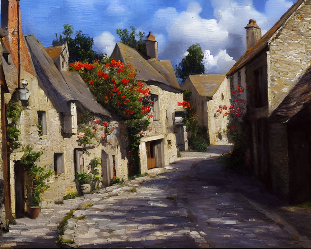 Quaint cobblestone alley with red flowers and stone houses under blue sky