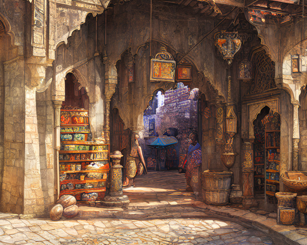 Detailed Illustration of Vibrant Old Marketplace