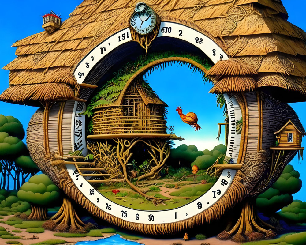 Surrealist clock artwork with rural landscape and tree houses