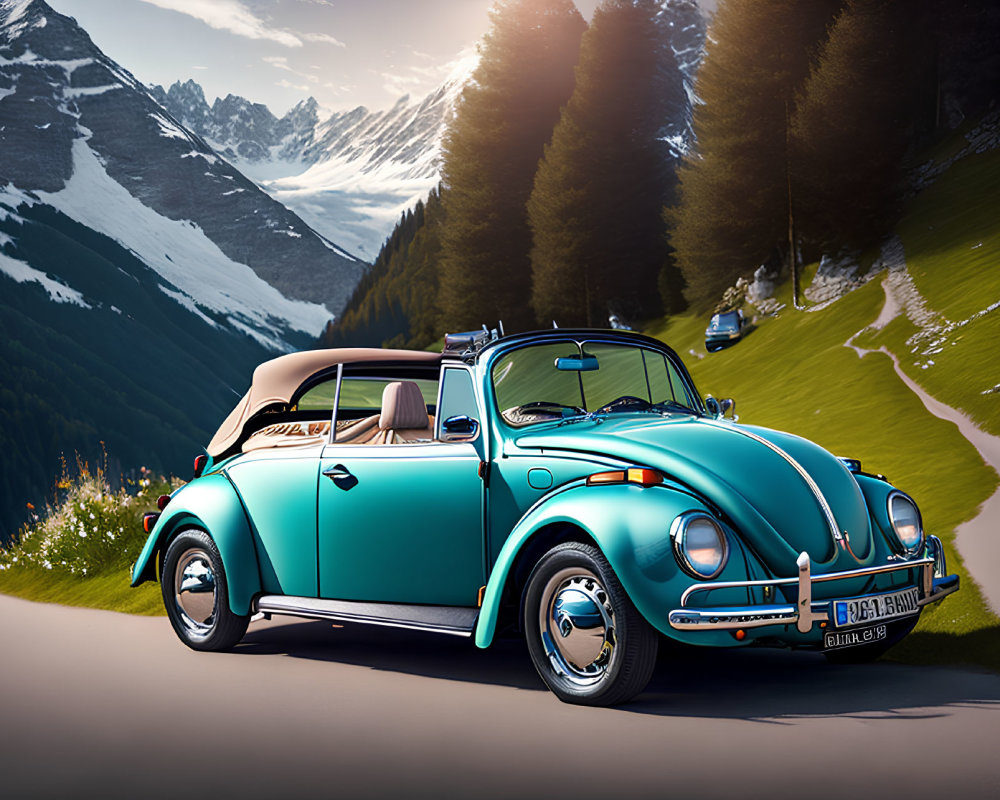 Vintage turquoise Volkswagen Beetle convertible on snowy mountain road.
