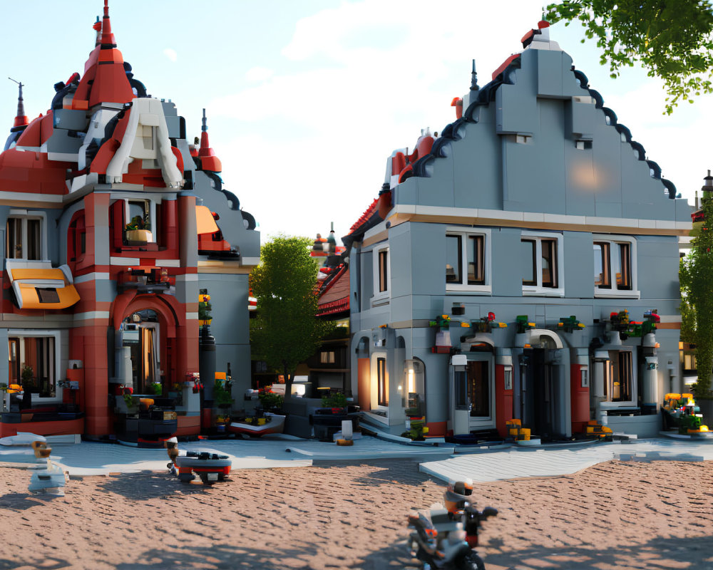 Colorful Lego street scene with buildings, trees, and miniature figures