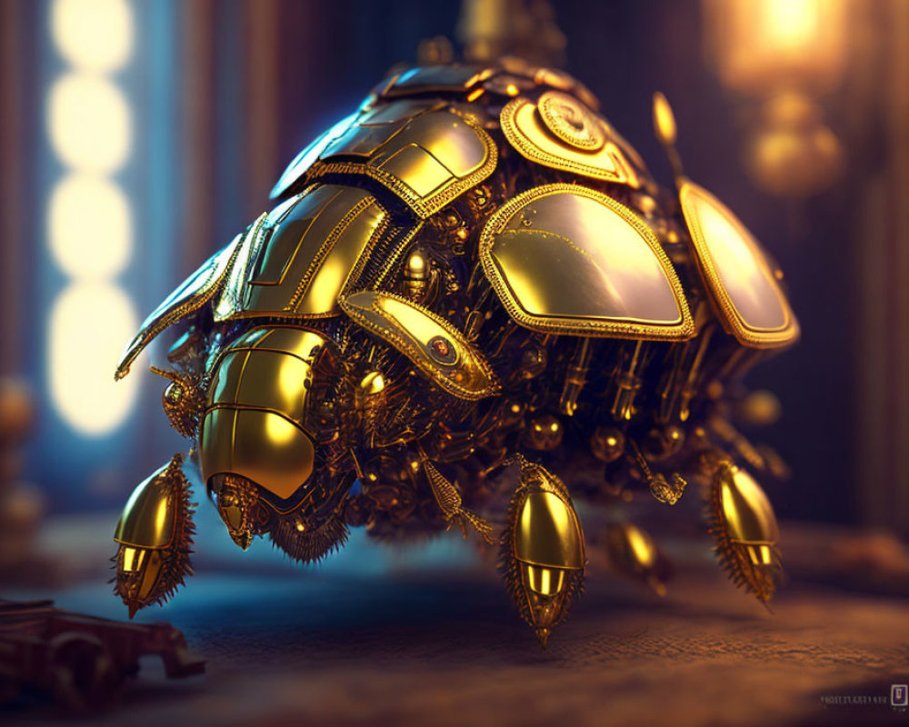 Detailed Steampunk Turtle with Mechanical Features and Golden Accents in Softly Lit Room