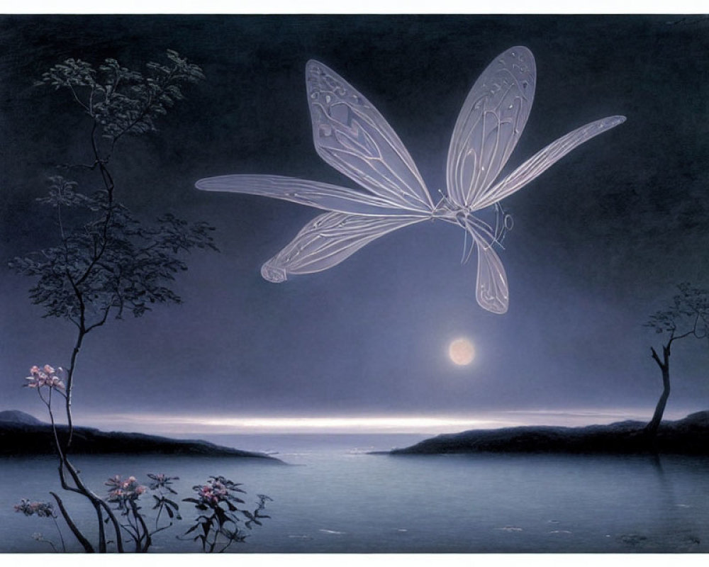 Translucent butterfly painting over serene lake with moon rising