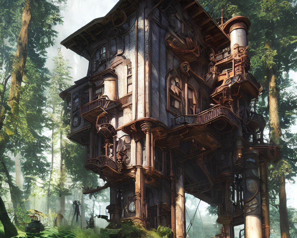 Elaborate multi-story treehouse in lush forest