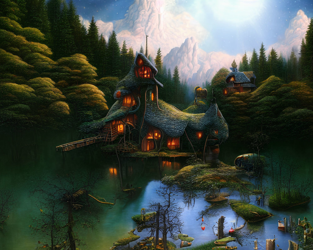 Enchanting Fantasy Landscape with Glowing House in Forest