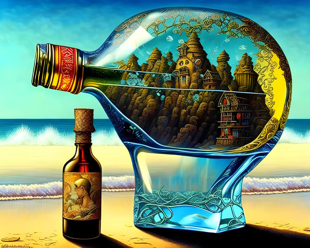 Surreal illustration of ship and village in bottle on ocean background