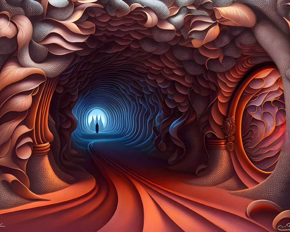 Digital Art: Tunnel Interior with Patterned Walls and Figure in Warm and Cool Tones