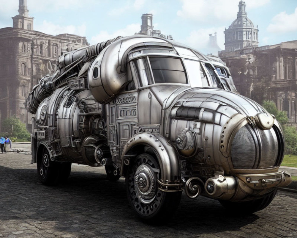 Futuristic metallic truck with tubular structures in urban setting.