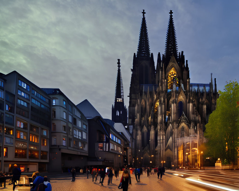 City street at twilight leading to Gothic cathedral with spires under dramatic sky