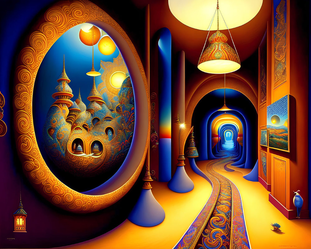 Colorful surreal artwork of ornate interior merging into Middle Eastern cityscape