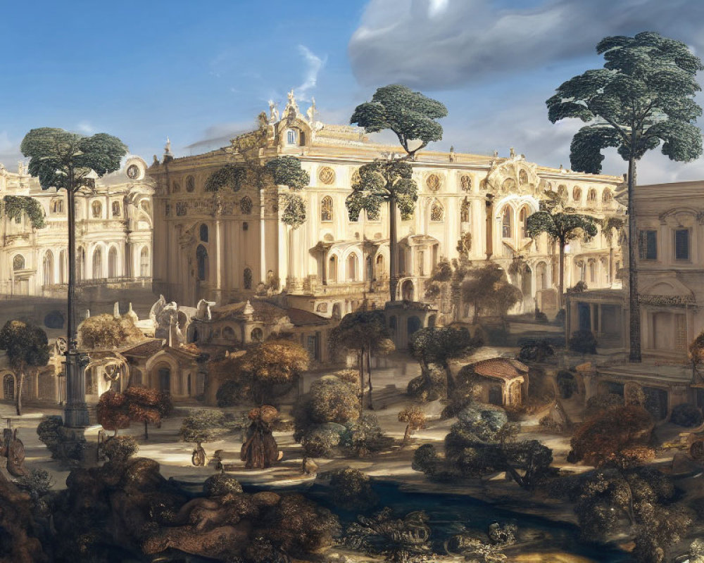 Baroque architecture palace with gardens, statues, and people in period clothing