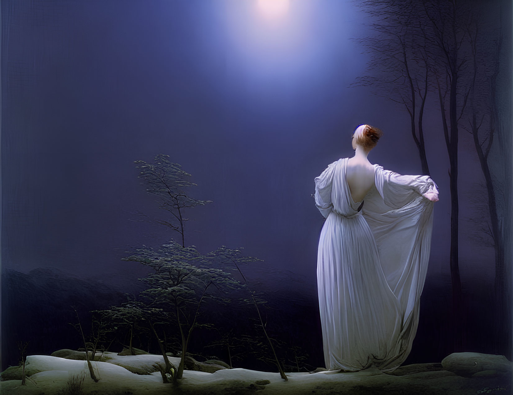 Woman in white dress standing in snowy moonlit landscape with bare trees