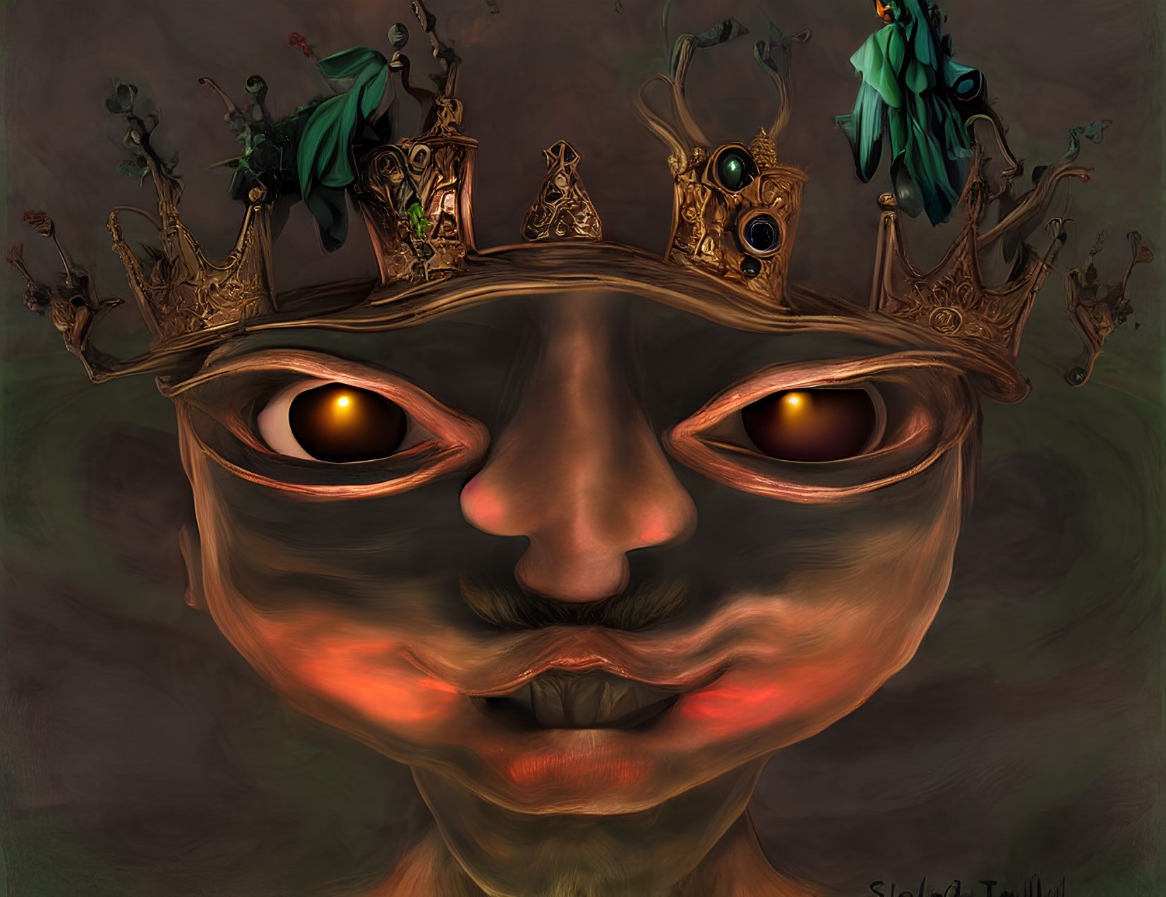 Surreal artwork: Face with golden eyes, small crowns with green insects, dark background