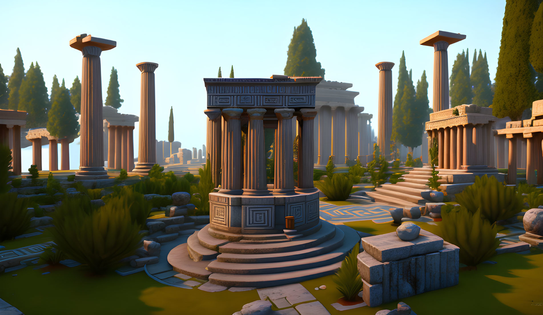 Stylized garden with Greek architecture and green shrubbery